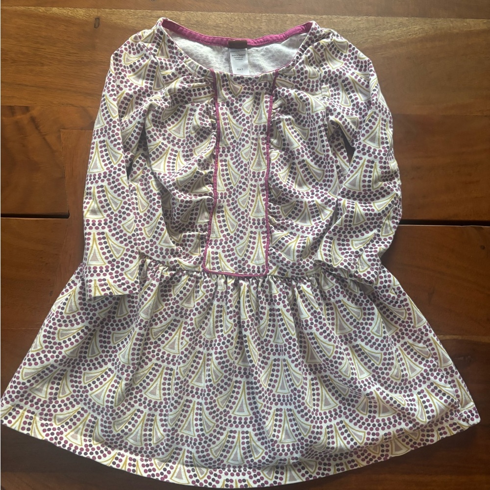 Tea Collection Cream Dress with Purple and Yellow Fan Print and Pink Trim